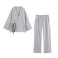 Women's Japanese Style Wrap Jacket And Pants Set Polyester Solid Color Tie Waist Kimono Cardigan Wide Leg Trousers Two Piece Lounge Suit Streetwear Casual Light Grey Women's Japanese Style Wrap Jacket And Pants Set Polyester Solid Color Tie Waist Kimono Cardigan Wide Leg Trousers Two Piece Lounge Suit Streetwear Casual Light Grey