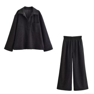 Women's Two Piece Lounge Set Casual Lapel Long Sleeve Polo Shirt Top And High Waist Wide Leg Pants Set Solid Color Thick Woolen Texture Autumn Winter Tracksuit For Women Women's Two Piece Lounge Set Casual Lapel Long Sleeve Polo Shirt Top And High Waist Wide Leg Pants Set Solid Color Thick Woolen Texture Autumn Winter Tracksuit For Women