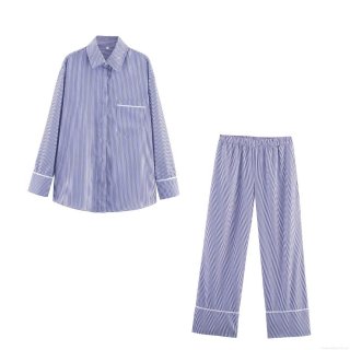 Women's Striped Long Sleeve Button Down Shirt and High Waist Pants Two Piece Set Polyester Casual Streetwear Loungewear Outfit Fashion Set