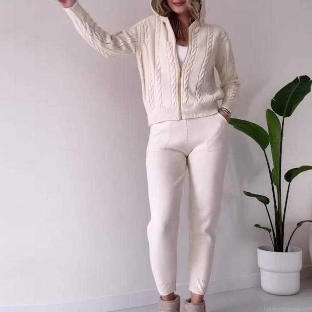 Women's Cable Knit Loungewear Set Hooded Zip-up Cardigan and Matching Pants Two Piece Sweater Suit Winter Casual Homewear Cozy Soft Knit Outfits Women's Cable Knit Loungewear Set Hooded Zip-up Cardigan and Matching Pants Two Piece Sweater Suit Winter Casual Homewear Cozy Soft Knit Outfits