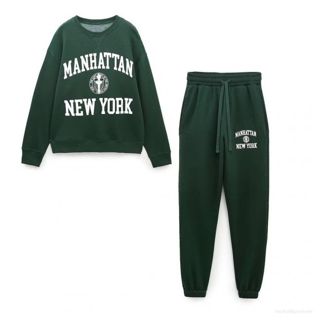 Women Fashion Dark Green Tracksuit Set Cotton Blend Manhattan Letter Print Long Sleeve Round Neck Sweatshirt And Matching Jogger Pants Loungewear Suits Women Fashion Dark Green Tracksuit Set Cotton Blend Manhattan Letter Print Long Sleeve Round Neck Sweatshirt And Matching Jogger Pants Loungewear Suits