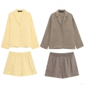 Women's Casual Linen Blend Separates Long Sleeve V Neck Button Down Shirt Or High Waist Elastic Shorts Summer Loungewear Suit Women's Casual Linen Blend Separates Long Sleeve V Neck Button Down Shirt Or High Waist Elastic Shorts Summer Loungewear Suit