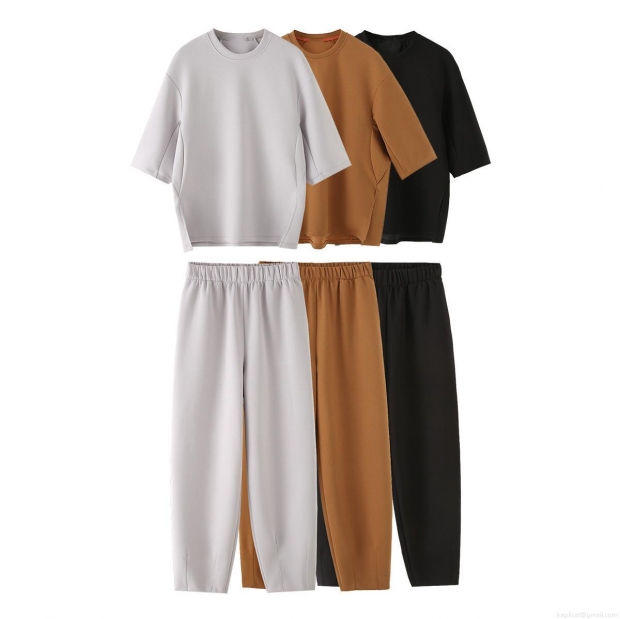 Women's Casual 2 Piece Set Minimalist Round Neck Drop Shoulder Half Sleeve T-Shirt and High Waist Elastic Long Pants Solid Color Loungewear Set Women's Casual 2 Piece Set Minimalist Round Neck Drop Shoulder Half Sleeve T-Shirt and High Waist Elastic Long Pants Solid Color Loungewear Set