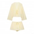 Women's 2-Piece Loungewear Set Pleated Texture Kimono Style Tie-Front Long Sleeve Top And Drawstring Waist Shorts Casual Summer Lightweight Outfit Women's 2-Piece Loungewear Set Pleated Texture Kimono Style Tie-Front Long Sleeve Top And Drawstring Waist Shorts Casual Summer Lightweight Outfit