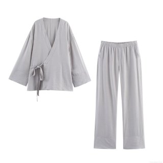 Women's Casual Loungewear Set Fashion Bow Tie Wrap V-Neck Long Sleeve Top And Elastic Waist Long Pants Two Piece Solid Color Comfortable Home Wear Outwear Women's Casual Loungewear Set Fashion Bow Tie Wrap V-Neck Long Sleeve Top And Elastic Waist Long Pants Two Piece Solid Color Comfortable Home Wear Outwear