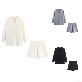 Women's Knit 2 Piece Outfits Casual V Neck Long Sleeve Top And Shorts Set Solid Color Loungewear Loose Fit Knitwear Homewear Polyester Tracksuit Women's Knit 2 Piece Outfits Casual V Neck Long Sleeve Top And Shorts Set Solid Color Loungewear Loose Fit Knitwear Homewear Polyester Tracksuit