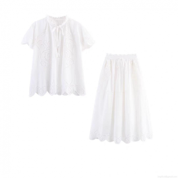 Women's Bohemian Hollow Out Embroidery Two Piece Set 85% Cotton Lace-up V-Neck Short Sleeve Blouse And Elastic Waist A-Line Midi Skirt Sweet White Casual Outfit Women's Bohemian Hollow Out Embroidery Two Piece Set 85% Cotton Lace-up V-Neck Short Sleeve Blouse And Elastic Waist A-Line Midi Skirt Sweet White Casual Outfit