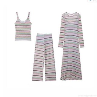 Women Multi-Color Horizontal Stripe Knit 3-Piece Set Sleeveless Cami Top High Waist Wide Leg Pants Long Sleeve Maxi Dress Sweet Casual Vacation Outfit Women Multi-Color Horizontal Stripe Knit 3-Piece Set Sleeveless Cami Top High Waist Wide Leg Pants Long Sleeve Maxi Dress Sweet Casual Vacation Outfit