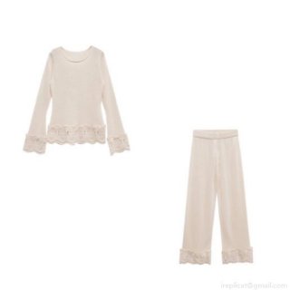 Women Elegant Cream Knit Loungewear Set French Vintage Lace Patchwork Long Sleeve Round Neck Top and High Waist Long Pants 2 Piece Casual Home Suit Women Elegant Cream Knit Loungewear Set French Vintage Lace Patchwork Long Sleeve Round Neck Top and High Waist Long Pants 2 Piece Casual Home Suit