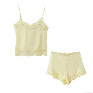 Women's Elegant Satin Lace Trim Camisole and Shorts Set V-Neck Adjustable Straps Loungewear Sleepwear Home Suit Sexy Pajamas Two-Piece Outfit