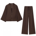 Women's Pleated Two-Piece Set V-Neck Long Sleeve Shirt And Wide-Leg Pants Polyester Blend Casual Loungewear High Waist Drawstring Trousers Fall Fashion Women's Pleated Two-Piece Set V-Neck Long Sleeve Shirt And Wide-Leg Pants Polyester Blend Casual Loungewear High Waist Drawstring Trousers Fall Fashion