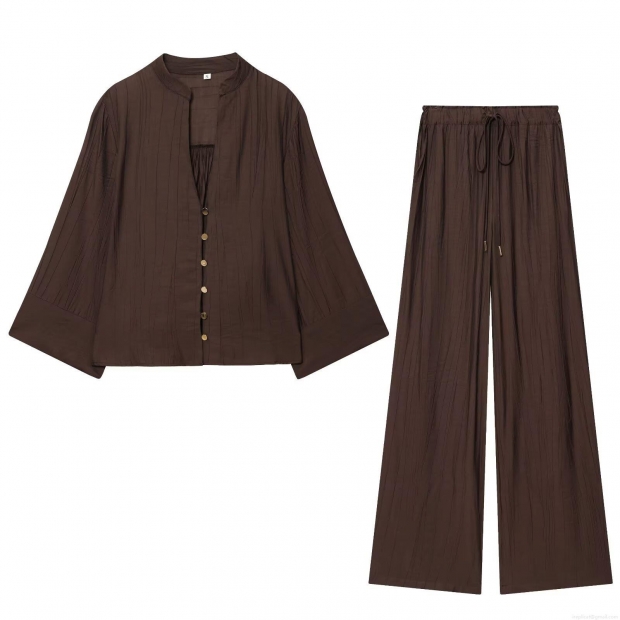 Women's Pleated Two-Piece Set V-Neck Long Sleeve Shirt And Wide-Leg Pants Polyester Blend Casual Loungewear High Waist Drawstring Trousers Fall Fashion Women's Pleated Two-Piece Set V-Neck Long Sleeve Shirt And Wide-Leg Pants Polyester Blend Casual Loungewear High Waist Drawstring Trousers Fall Fashion