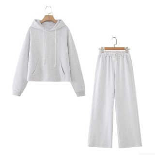 Women's 99% Cotton Soft Grey Knit Hoodie and Wide Leg Pants Set Raw Hem Casual Long Sleeve Loungewear Two-Piece Suit With Kangaroo Pocket Women's 99% Cotton Soft Grey Knit Hoodie and Wide Leg Pants Set Raw Hem Casual Long Sleeve Loungewear Two-Piece Suit With Kangaroo Pocket
