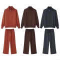 Women's Knit Spandex Two-Piece Set Soft Stand Collar Zipper Sweatshirt Jacket And High Waist Wide Leg Pants Solid Color Loungewear Outfits For Autumn Winter Women's Knit Spandex Two-Piece Set Soft Stand Collar Zipper Sweatshirt Jacket And High Waist Wide Leg Pants Solid Color Loungewear Outfits For Autumn Winter