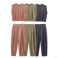 Women Washed Two Piece Loungewear Set Sleeveless Round Neck Padded Shoulder Top And High Waist Pleated Pants Streetwear Casual Solid Color Tracksuit Women Washed Two Piece Loungewear Set Sleeveless Round Neck Padded Shoulder Top And High Waist Pleated Pants Streetwear Casual Solid Color Tracksuit