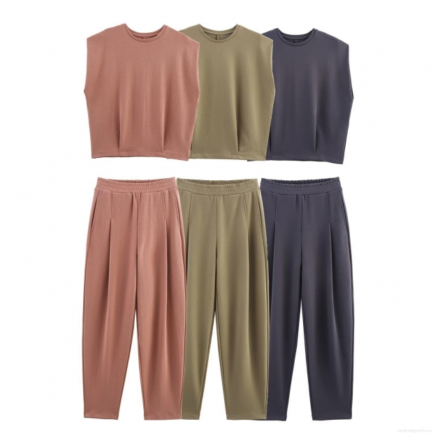 Women Washed Two Piece Loungewear Set Sleeveless Round Neck Padded Shoulder Top And High Waist Pleated Pants Streetwear Casual Solid Color Tracksuit Women Washed Two Piece Loungewear Set Sleeveless Round Neck Padded Shoulder Top And High Waist Pleated Pants Streetwear Casual Solid Color Tracksuit