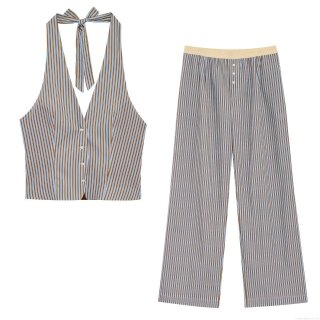 Women's Striped Halter Neck Top and Pants Set Cotton Blend Sleeveless Button Down Vest and Elastic Waist Trousers Casual Loungewear Suit Streetwear Women's Striped Halter Neck Top and Pants Set Cotton Blend Sleeveless Button Down Vest and Elastic Waist Trousers Casual Loungewear Suit Streetwear