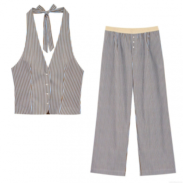 Women's Striped Halter Neck Top and Pants Set Cotton Blend Sleeveless Button Down Vest and Elastic Waist Trousers Casual Loungewear Suit Streetwear Women's Striped Halter Neck Top and Pants Set Cotton Blend Sleeveless Button Down Vest and Elastic Waist Trousers Casual Loungewear Suit Streetwear