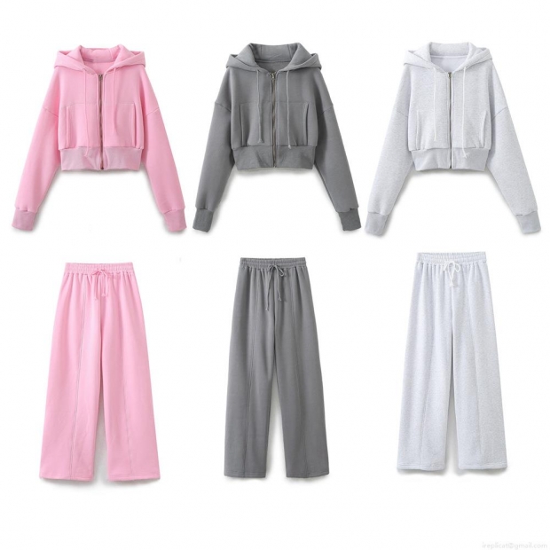 Women's Casual Cotton Blend Two Piece Set Hooded Zip Up Cropped Sweatshirt And Wide Leg Pants Set Solid Color Loungewear Tracksuit For Women Women's Casual Cotton Blend Two Piece Set Hooded Zip Up Cropped Sweatshirt And Wide Leg Pants Set Solid Color Loungewear Tracksuit For Women
