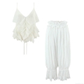 Women's Summer 2 Piece Set Ruffle V-Neck Camisole And Lace Trim Lantern Pants Casual French Bohemian Streetwear Sleeveless Top Loose Trousers Outfit Women's Summer 2 Piece Set Ruffle V-Neck Camisole And Lace Trim Lantern Pants Casual French Bohemian Streetwear Sleeveless Top Loose Trousers Outfit