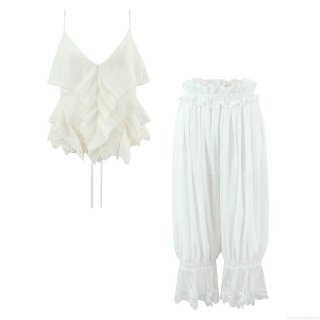 Women's Summer 2 Piece Set Ruffle V-Neck Camisole And Lace Trim Lantern Pants Casual French Bohemian Streetwear Sleeveless Top Loose Trousers Outfit Women's Summer 2 Piece Set Ruffle V-Neck Camisole And Lace Trim Lantern Pants Casual French Bohemian Streetwear Sleeveless Top Loose Trousers Outfit
