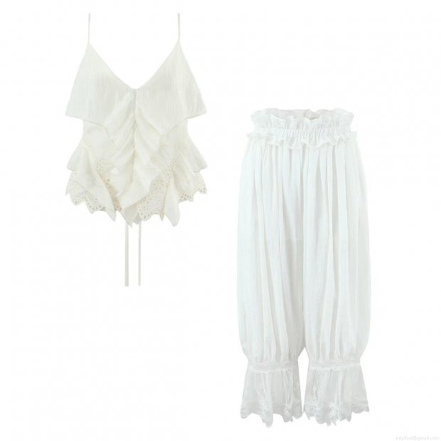 Women's Summer 2 Piece Set Ruffle V-Neck Camisole And Lace Trim Lantern Pants Casual French Bohemian Streetwear Sleeveless Top Loose Trousers Outfit Women's Summer 2 Piece Set Ruffle V-Neck Camisole And Lace Trim Lantern Pants Casual French Bohemian Streetwear Sleeveless Top Loose Trousers Outfit