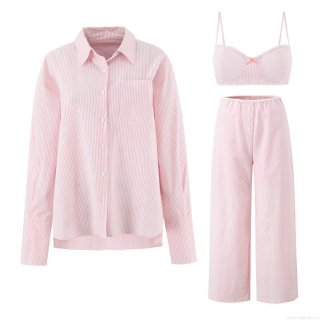 Women's 100% Cotton Striped Loungewear Set 3-Piece Casual Summer Pajama Suit With Long Sleeve Button Shirt Camisole Shorts And Wide Leg Pants For Women Nightwear Women's 100% Cotton Striped Loungewear Set 3-Piece Casual Summer Pajama Suit With Long Sleeve Button Shirt Camisole Shorts And Wide Leg Pants For Women Nightwear