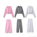 Women's Sporty Casual Short Hooded Zipper Sweatshirt And High Waist Wide Leg Pants Set Cotton Polyester Blend Lounge Tracksuit Activewear Women's Sporty Casual Short Hooded Zipper Sweatshirt And High Waist Wide Leg Pants Set Cotton Polyester Blend Lounge Tracksuit Activewear