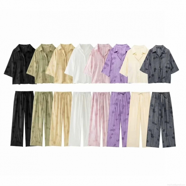 Women's Loungewear Set Jacquard Polyester Button Up Shirt And Drawstring Pants Two Piece Vacation Casual Loose Pajamas Set For Women Women's Loungewear Set Jacquard Polyester Button Up Shirt And Drawstring Pants Two Piece Vacation Casual Loose Pajamas Set For Women