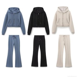 Women's Casual 2 Piece Sportswear Set Hooded Crop Zipper Sweatshirt Top and High Waist Flare Pants Loungewear Tracksuit Outfits Women's Casual 2 Piece Sportswear Set Hooded Crop Zipper Sweatshirt Top and High Waist Flare Pants Loungewear Tracksuit Outfits