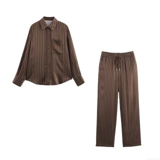 Women's Striped Satin Two Piece Loungewear Set Long Sleeve Button Down Shirt And Elastic Waist Drawstring Pants Casual Pajamas Sleepwear Home Wear Women's Striped Satin Two Piece Loungewear Set Long Sleeve Button Down Shirt And Elastic Waist Drawstring Pants Casual Pajamas Sleepwear Home Wear
