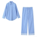 Women Striped Poplin Two Piece Set Long Sleeve Button Down Shirt and Drawstring Straight Leg Pants Casual Loungewear Outfit Streetwear Women Striped Poplin Two Piece Set Long Sleeve Button Down Shirt and Drawstring Straight Leg Pants Casual Loungewear Outfit Streetwear