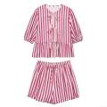 Women's Striped 100% Polyester Two Piece Set With Bow Tie Ruffle Puff Sleeve Top And Drawstring Waist Shorts Casual Loungewear Pajamas Women's Striped 100% Polyester Two Piece Set With Bow Tie Ruffle Puff Sleeve Top And Drawstring Waist Shorts Casual Loungewear Pajamas
