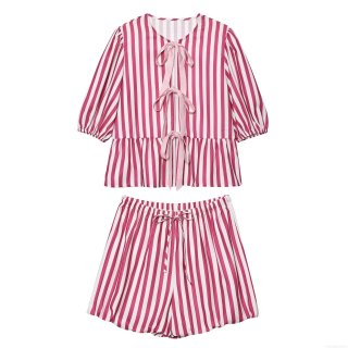 Women's Striped 100% Polyester Two Piece Set With Bow Tie Ruffle Puff Sleeve Top And Drawstring Waist Shorts Casual Loungewear Pajamas Women's Striped 100% Polyester Two Piece Set With Bow Tie Ruffle Puff Sleeve Top And Drawstring Waist Shorts Casual Loungewear Pajamas