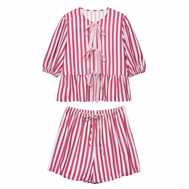 Women's Striped 100% Polyester Two Piece Set With Bow Tie Ruffle Puff Sleeve Top And Drawstring Waist Shorts Casual Loungewear Pajamas Women's Striped 100% Polyester Two Piece Set With Bow Tie Ruffle Puff Sleeve Top And Drawstring Waist Shorts Casual Loungewear Pajamas