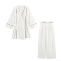Women's Two Piece Loungewear Set Contrast Piping V Neck Wrap Top And High Waist Wide Leg Pants Casual Home Sleepwear Pajamas Set Women's Two Piece Loungewear Set Contrast Piping V Neck Wrap Top And High Waist Wide Leg Pants Casual Home Sleepwear Pajamas Set