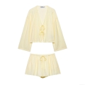 Women's Crinkle Texture Kimono Style Top And Shorts Set 100% Polyester Solid Pale Yellow V-Neck Tie-Front Casual Loungewear Two Piece Outfit Streetwear Summer Vacation Beach Wear For Women Women's Crinkle Texture Kimono Style Top And Shorts Set 100% Polyester Solid Pale Yellow V-Neck Tie-Front Casual Loungewear Two Piece Outfit Streetwear Summer Vacation Beach Wear For Women