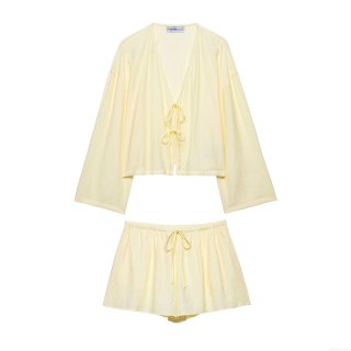 Women's Crinkle Texture Kimono Style Top And Shorts Set 100% Polyester Solid Pale Yellow V-Neck Tie-Front Casual Loungewear Two Piece Outfit Streetwear Summer Vacation Beach Wear For Women Women's Crinkle Texture Kimono Style Top And Shorts Set 100% Polyester Solid Pale Yellow V-Neck Tie-Front Casual Loungewear Two Piece Outfit Streetwear Summer Vacation Beach Wear For Women