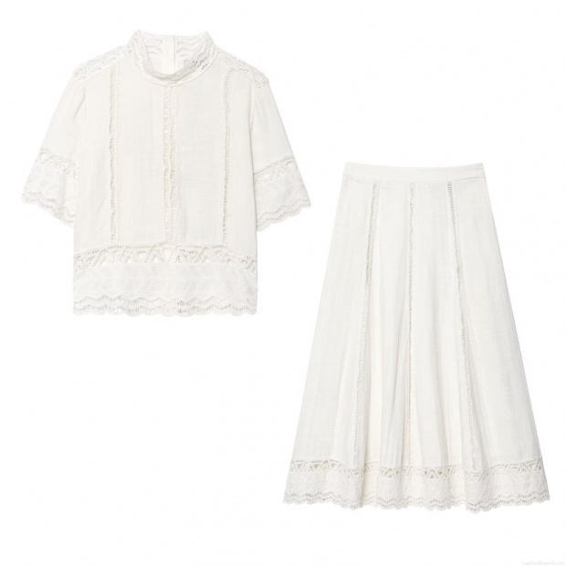 Women's Two Piece Set Crochet Hollow Out Short Sleeve Stand Collar Top And A-Line Midi Skirt Cotton Blend Casual Streetwear White Outfit Women's Two Piece Set Crochet Hollow Out Short Sleeve Stand Collar Top And A-Line Midi Skirt Cotton Blend Casual Streetwear White Outfit