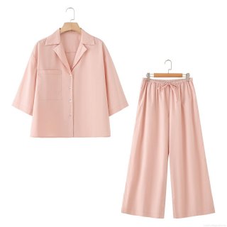 Women's 100% Cotton Two Piece Set Short Sleeve Lapel Button Up Shirt And High Waist Wide Leg Pants Loungewear Casual Loose Pajama Set Summer Clothing