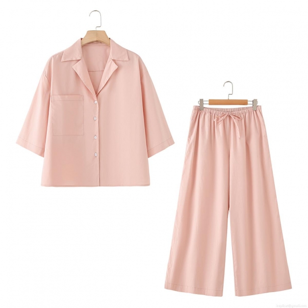 Women's 100% Cotton Two Piece Set Short Sleeve Lapel Button Up Shirt And High Waist Wide Leg Pants Loungewear Casual Loose Pajama Set Summer Clothing Women's 100% Cotton Two Piece Set Short Sleeve Lapel Button Up Shirt And High Waist Wide Leg Pants Loungewear Casual Loose Pajama Set Summer Clothing