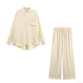 Elegant Satin Loungewear Two-Piece Set For Women Polyester Satin Button-Down Long Sleeve Shirt With Pocket And Matching Wide-Leg Drawstring Pants Casual Outfits Set Cream Beige Elegant Satin Loungewear Two-Piece Set For Women Polyester Satin Button-Down Long Sleeve Shirt With Pocket And Matching Wide-Leg Drawstring Pants Casual Outfits Set Cream Beige