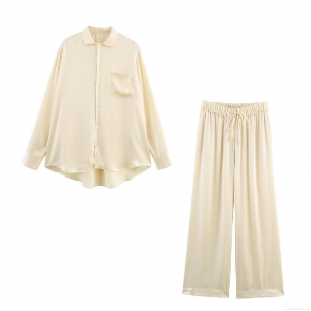 Elegant Satin Loungewear Two-Piece Set For Women Polyester Satin Button-Down Long Sleeve Shirt With Pocket And Matching Wide-Leg Drawstring Pants Casual Outfits Set Cream Beige Elegant Satin Loungewear Two-Piece Set For Women Polyester Satin Button-Down Long Sleeve Shirt With Pocket And Matching Wide-Leg Drawstring Pants Casual Outfits Set Cream Beige