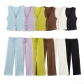 Women's Casual 2 Piece Set V Neck Button Down Sleeveless Vest and Drawstring Wide Leg Pants Textured Seersucker Polyester Summer Outfits