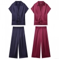 Women's Satin Silk Texture 2 Piece Set V-Neck Short Sleeve Button Up Belted Shirt And Wide Leg Long Pants Leisure Pajama Loungewear Suit For Women Women's Satin Silk Texture 2 Piece Set V-Neck Short Sleeve Button Up Belted Shirt And Wide Leg Long Pants Leisure Pajama Loungewear Suit For Women