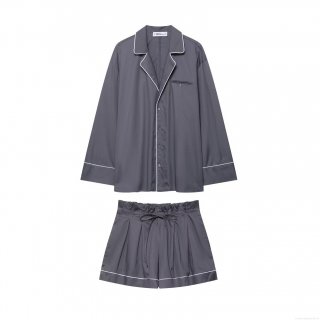 Women's Casual Long Sleeve Piping Poplin Shirt And Paperbag Waist Shorts Loungewear Set Solid Color Loose Two Piece Home Wear For Women Women's Casual Long Sleeve Piping Poplin Shirt And Paperbag Waist Shorts Loungewear Set Solid Color Loose Two Piece Home Wear For Women
