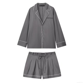 Women's 2 Piece Pajamas Set Contrast Piping Long Sleeve Button Down Shirt and Drawstring Waist Shorts Loungewear Set Home Wear Women's 2 Piece Pajamas Set Contrast Piping Long Sleeve Button Down Shirt and Drawstring Waist Shorts Loungewear Set Home Wear