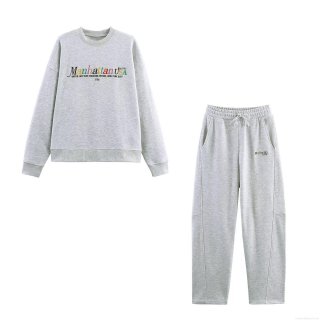 Women's Manhattan USA Embroidery Long Sleeve Sweatshirt and High Waist Jogger Pants Two Piece Set Casual Polyester Loungewear Tracksuit For Women