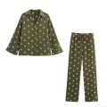 Women's Casual 2 Piece Lounge Set Cotton Crepe Embroidery Long Sleeve Button Down Shirt and Wide Leg Pants Set Olive Green Geometric Print Streetwear Outfit Women's Casual 2 Piece Lounge Set Cotton Crepe Embroidery Long Sleeve Button Down Shirt and Wide Leg Pants Set Olive Green Geometric Print Streetwear Outfit