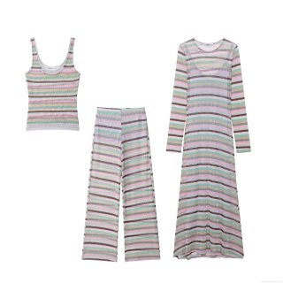 Women Colorful Rainbow Striped Knitwear 3 Piece Set Breathable Hollow Out Knit Vest Wide Leg Pants Long Sleeve Slim Dress Vacation Beachwear Streetwear Western Style Outfit